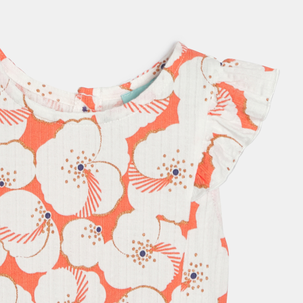 بذلة طويلة من قماش الجيرسي المزين برسوم الأزهار باللون البرتقالي للفتيات الصغار